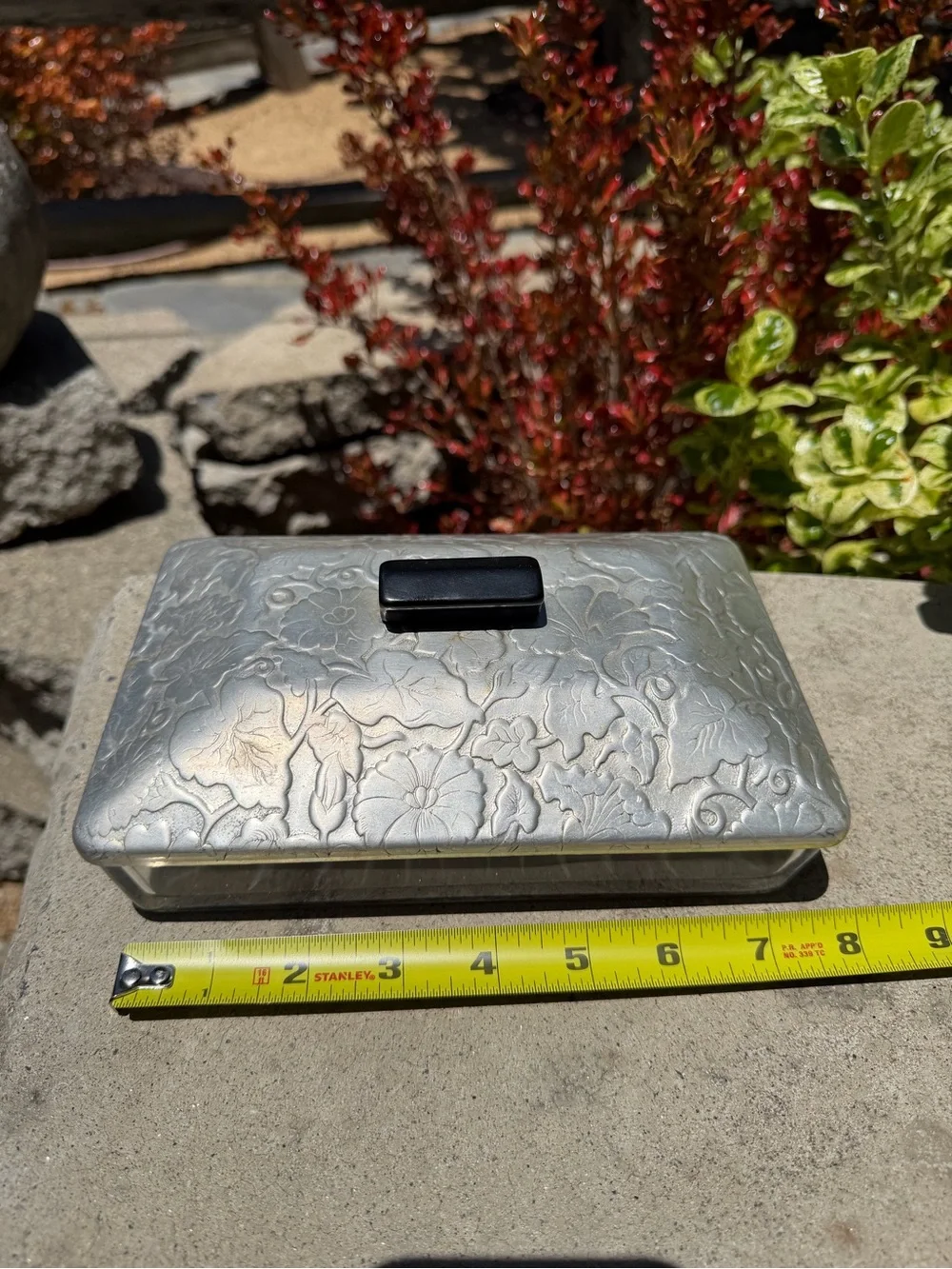 Vintage, gorgeous embossed  Metal Covered Glass Dish
